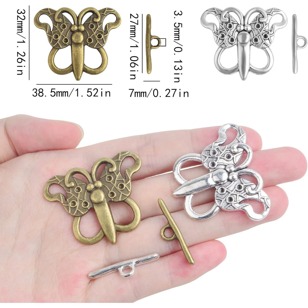 20 Sets Butterfly Bracelet Toggle Clasps T-Bar End Tibetan Closure Filled Fastener Hook Toggle Connectors for DIY Necklace Jewelry Craft Making, 2 Colors