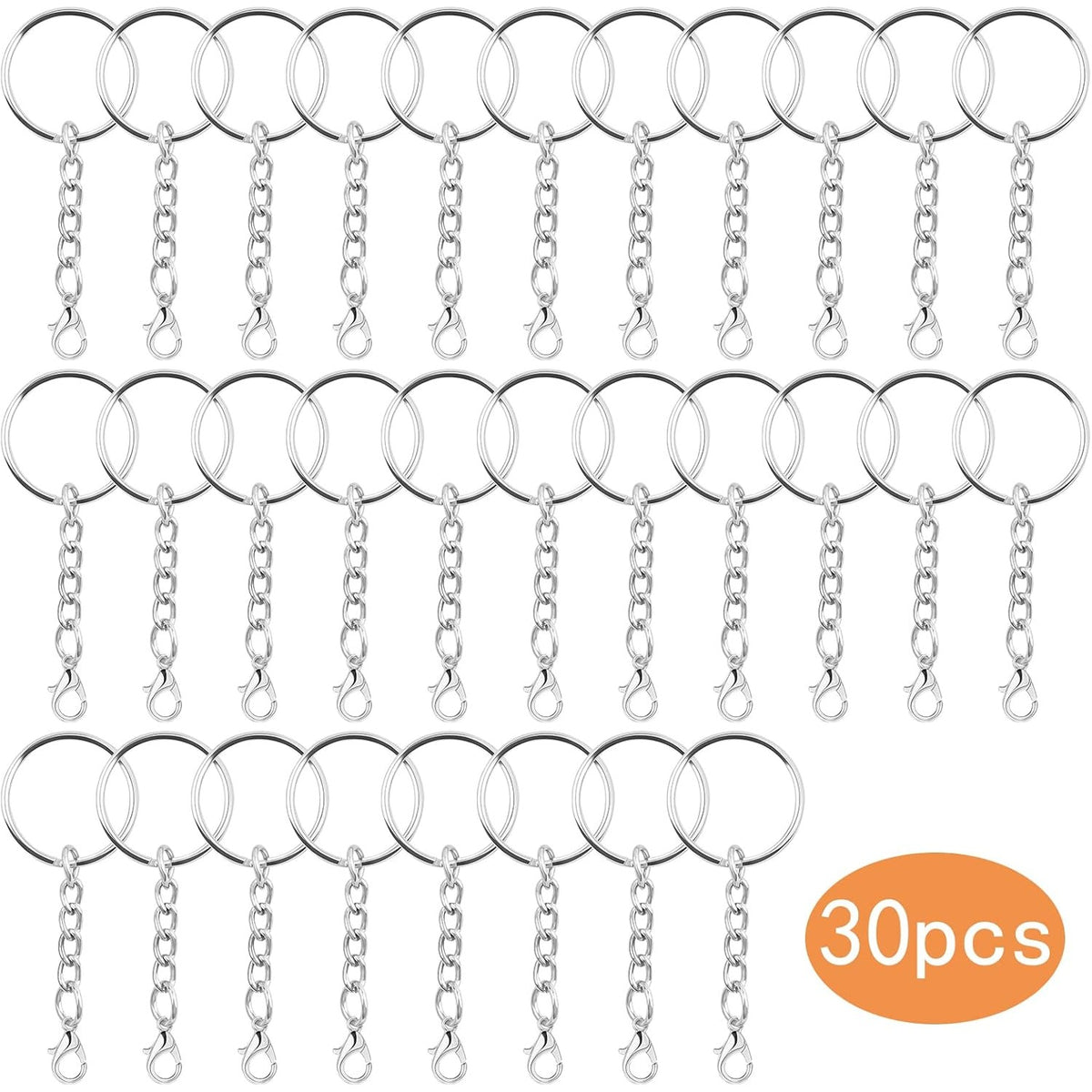 30pcs 25 mm Silver Split Keyrings with Chain Metal Keychain Rings Parts with Jump Rings Lanyard Snap Hook Lobster Claw Clasps for DIY Keychains Art Crafts Jewelry Making