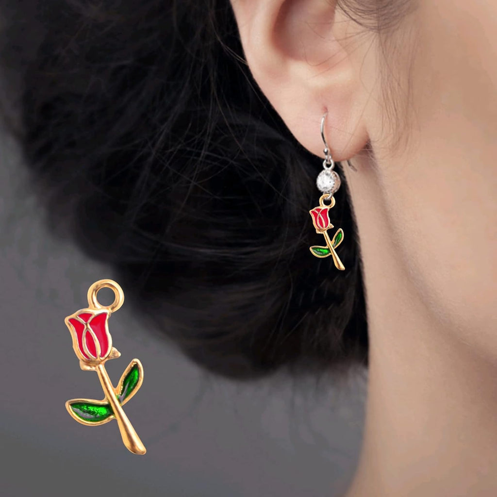 35pcs Multi-colored Enamel Rose Flower Charms Golden Plated Alloy Mini Flower Dangle Pendants for DIY Necklace Bracelet Earrings Jewelry Making Findings, 3 Styles