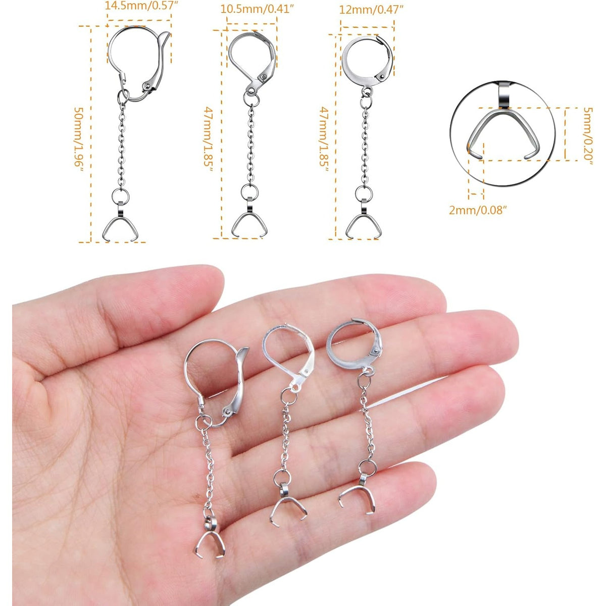 6pcs Stainless Steel Leverback Earring Hooks Hypoallergenic French Ear Wires with Open Loop and Pinch Clasp Chains for DIY Earring Jewelry Making Findings, 3 Sizes