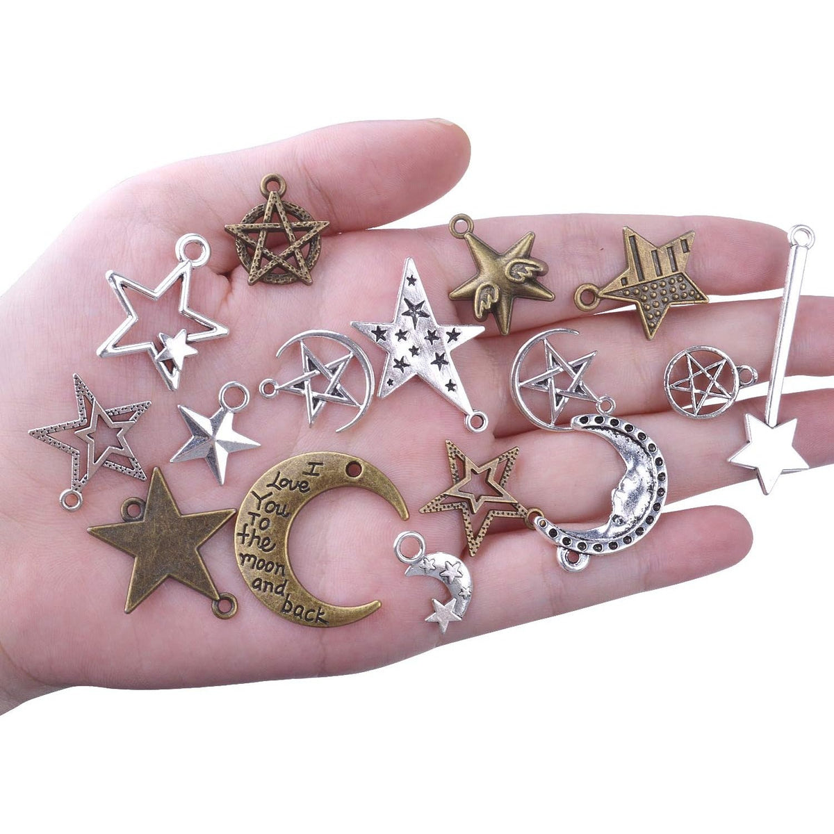 100 Gram(Approx 73 Pieces) Mixed Sun Moon Star Charms Antique Celestial Charms Pendants for Bracelets, Necklaces, Crafts and Jewelry Making, Assorted Colors