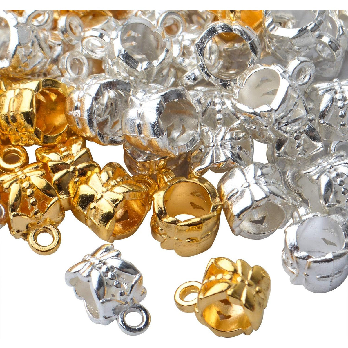 100pcs Bail Beads Alloy European Style Bail Beads with Charm Loop Connector Spacer Beads Jewelry Tube Bails Beads for DIY Bracelet Necklace Jewelry Crafts Making Supplies