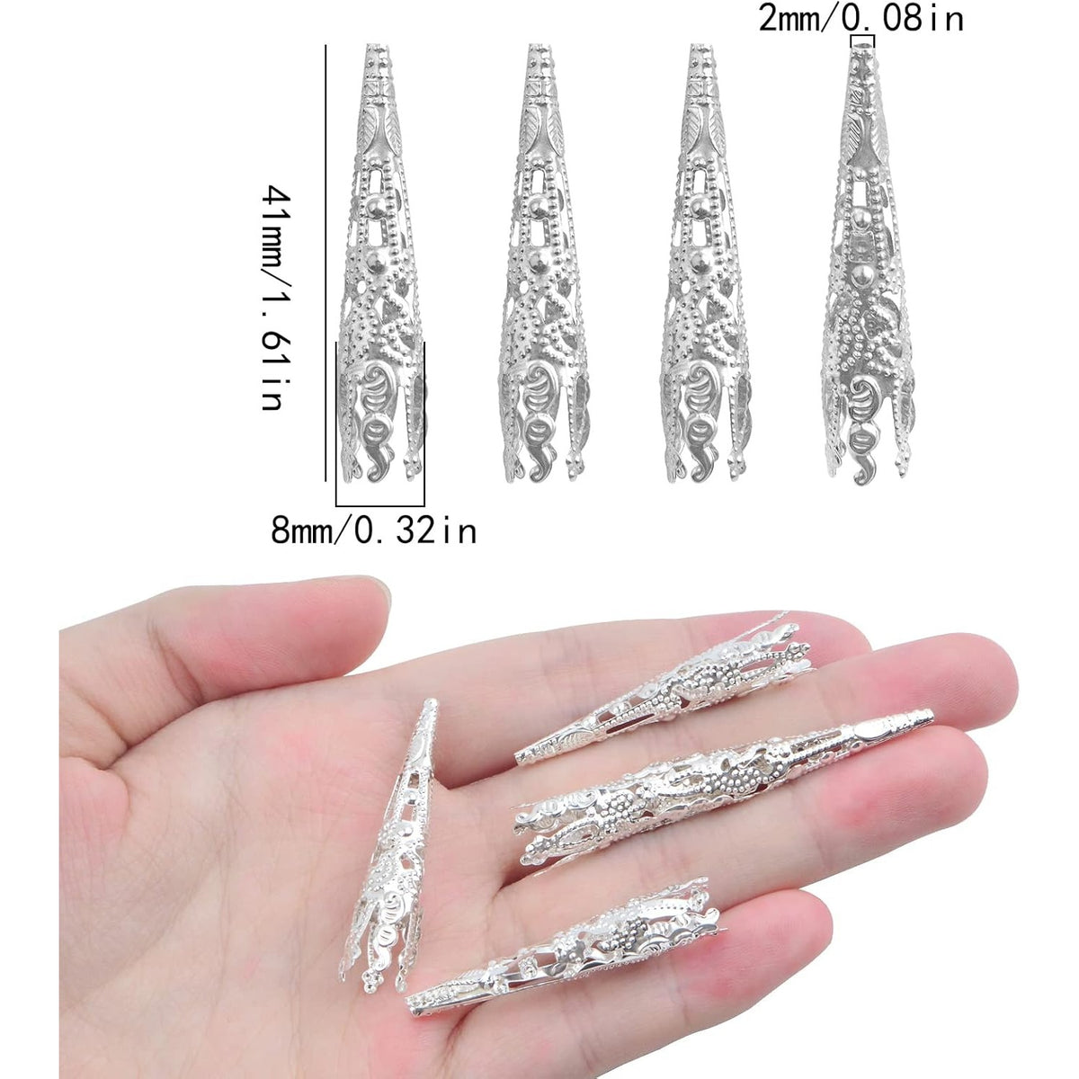 100pcs Silver Long Flower Bead Caps Hollow Cone Bead End Caps Filigree Flower Spacers Hair Braid Beads Accessories for DIY Neckalce Earrings Hairpins Craft Projects