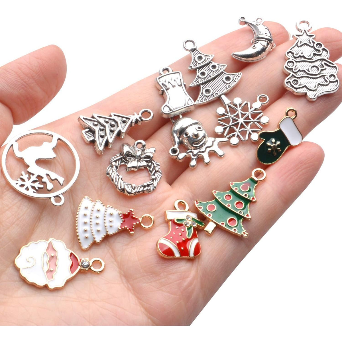 70 Pieces Christmas Charms Pendants Enamel Alloy Christmas Snowflake Tree Snowman Stocking Bell Deer Charms for DIY Earrings Necklace Bracelet Jewelry Making