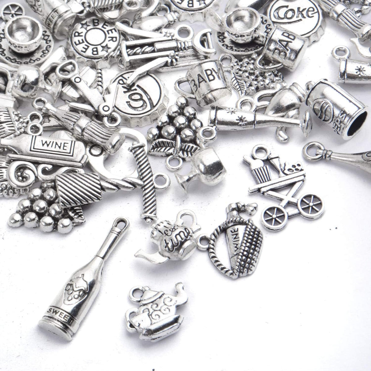 56pcs Silver Wine Bottle Charm Pendants Alloy Cup Glass Opener Grape Wine Charms Jewelry Making Accessories for DIY Necklace Bracelet Earrings Crafts, 28 Styles