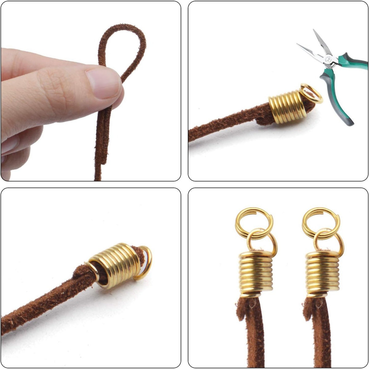 Coil Cord Ends, 150pcs Crimp Cord Ends Spring Buckle Leather Cord Ends Caps Loop Clasps for DIY Jewelry Parts Bracelets Crafting, 9×5mm, Hole 3.5mm