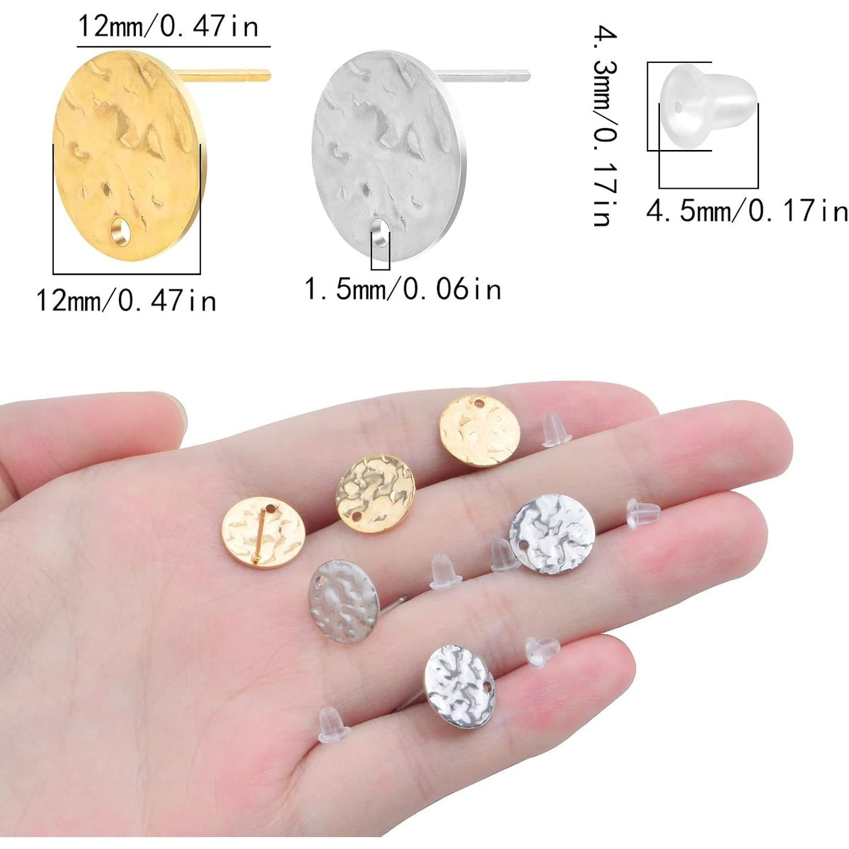 50pcs 12 mm Wavy Pattern Blank Flat Round Stud Earring Findings Stainless Steel Earring Posts with Loop and 50pcs Clear Silicone Earring Backs for DIY Jewelry Making, 2 Colors