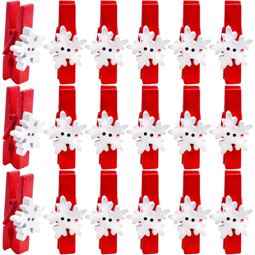 50 Pieces Snowflake Wood Clips Christmas Snowflake Wooden Clothespins Photo Frame Paper Peg Pins DIY Craft Clips for Home School Art Crafts, Red
