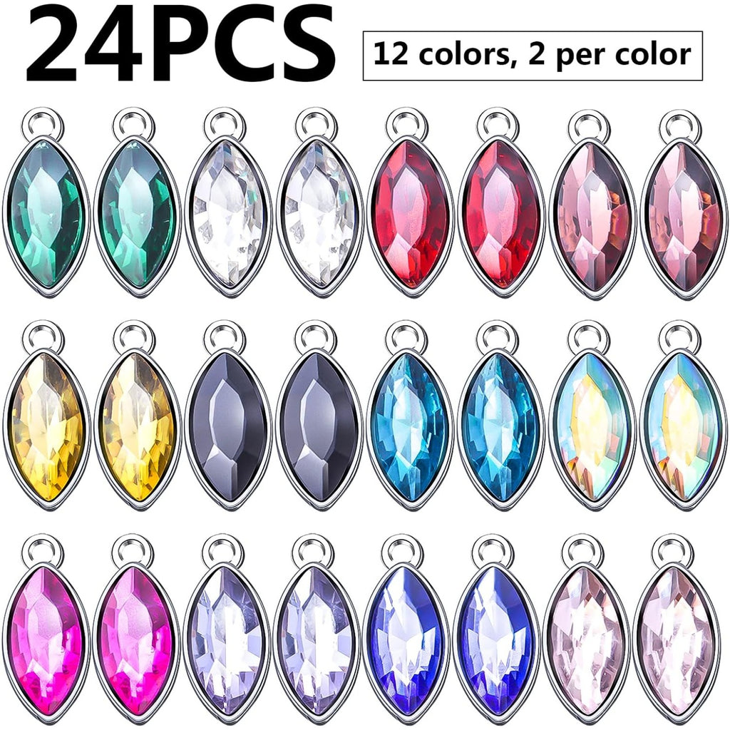 24pcs Crystal Birthstone Charms Leaf Shape Charm Pendants Crystal Beads Pendants Crystal Charm for DIY Jewelry Necklace Earrings Bracelet Making Supplies, 9mm×20mm, 12 Colors
