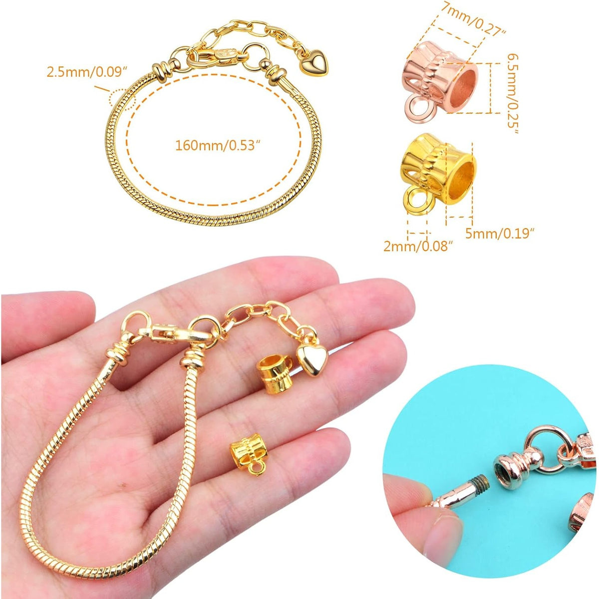 6pcs Snake Bone Chains Metal Snake Chain Spool Short Layered Necklaces with 30pcs Large Hole Spacer Beads Bails Bead Connectors for DIY Bracelet Jewelry Making, 3 Colors