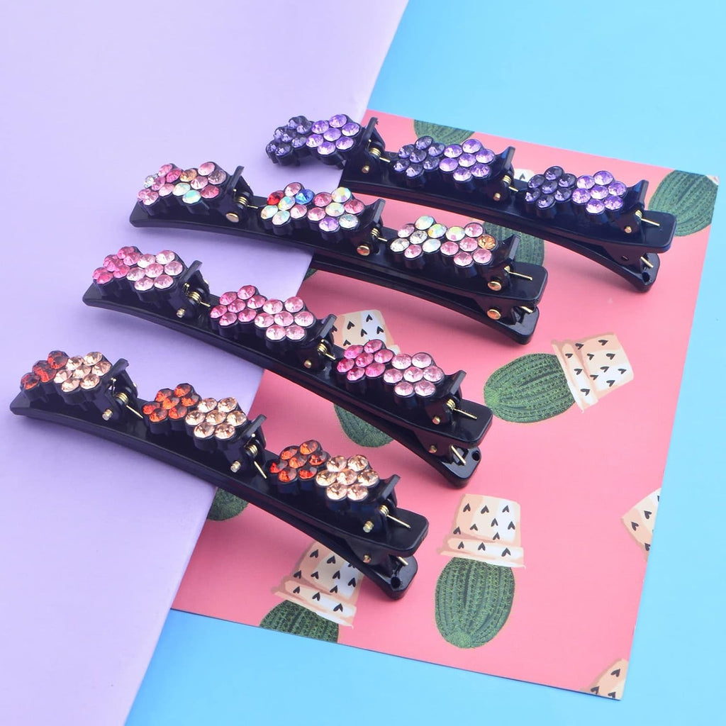 8pcs Sparkling Crystal Stone Braided Hair Clips with Triple Small Clips on Top Double Flower Rsvelte Hair Clip Barrette with Rhinestone for Women Girls Hair Sectioning Styling, 4 Colors