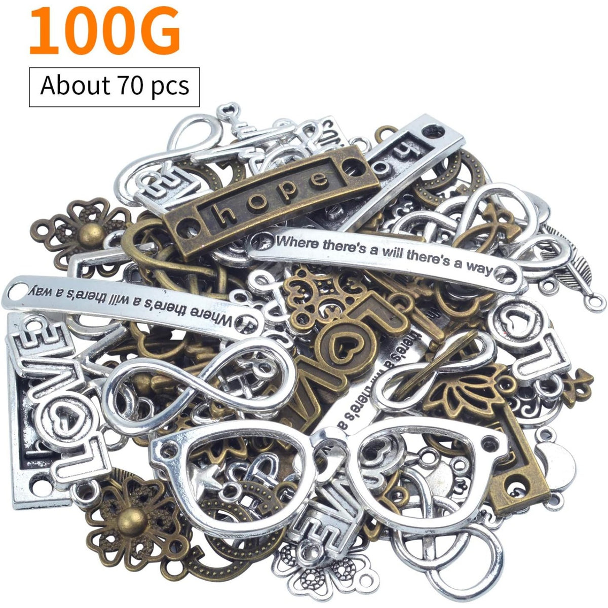 Craft Supplies Charms, 100g (about 78pcs) Mixed Words Message Star Moon Feather Charms Pendants Infinity Symbol Lozenge Flower Connectors Links Jewelry Making Accessories for Crafting