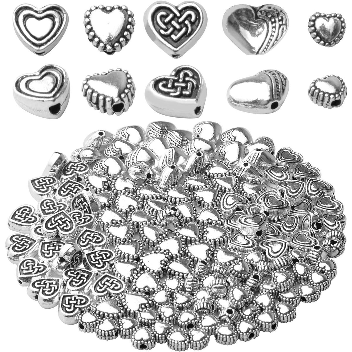 140pcs Antique Silver Heart Shape Spacers Alloy European Style Heart Beads Charms Spacer Bead Jewelry Heart Charms for DIY Bracelet Jewelry Making, 5 Sizes