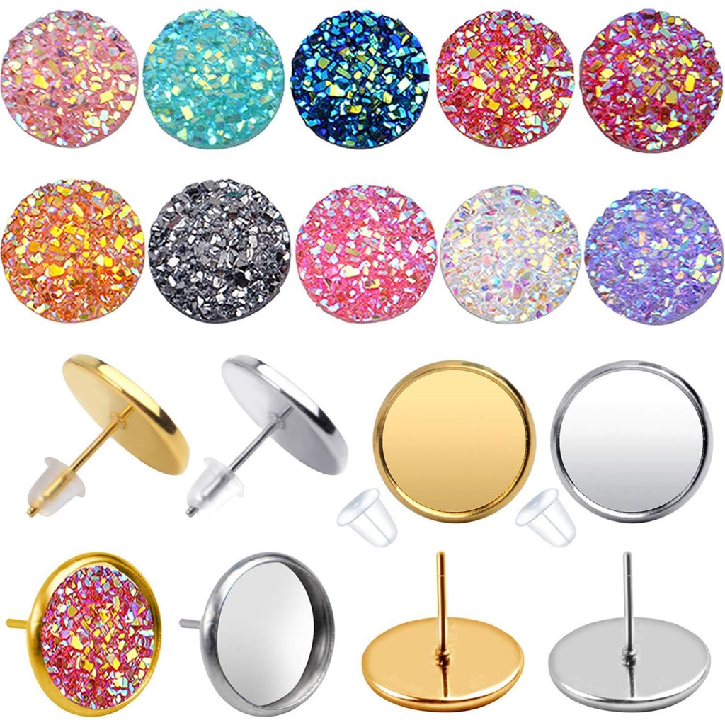 100 Pieces 12 mm Faux Druzy Resin Cabochons with 20 Pieces Stainless Steel Blank Stud Earring Bezel Setting and 20 Pieces Clear Earring Backs for Earring Jewelry Making -10 Colors